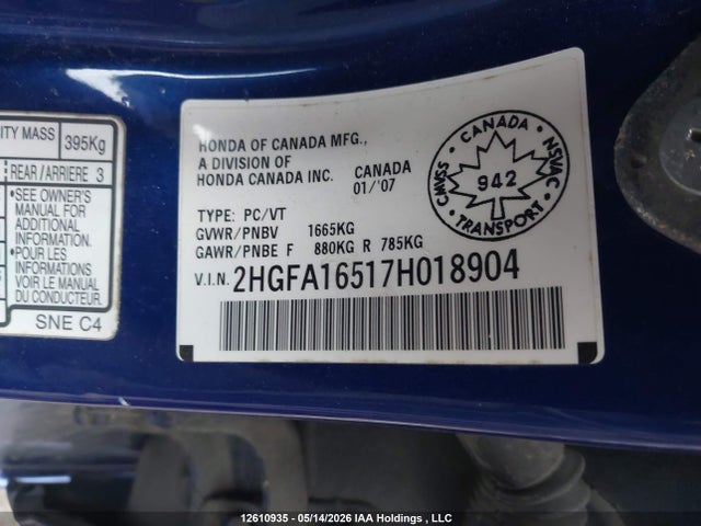 Aukcja sprzedaży 2007 Honda Civic Lx, vin: 2HGFA16517H018904, numer aukcji: 12610935