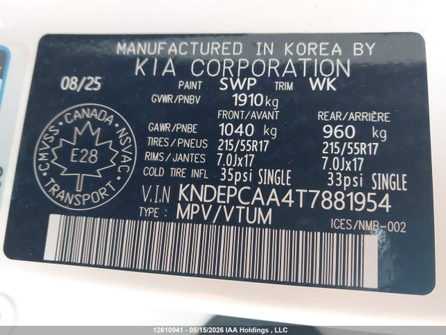 Aukcja sprzedaży 2026 Kia Seltos Lx, vin: KNDEPCAA4T7881954, numer aukcji: 12610941