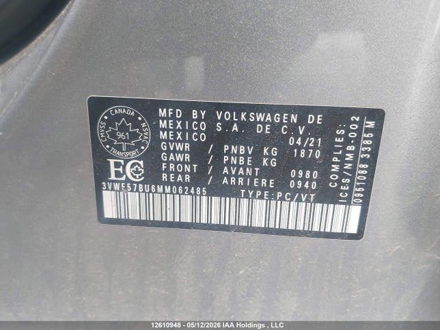 12610948 :رقم المزاد ، 3VWE57BU6MM062485 vin ، 2021 Volkswagen Jetta Highline مزاد بيع