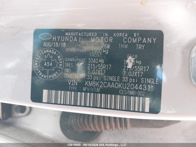 Aukcja sprzedaży 2019 Hyundai Kona 2.0l Preferred, vin: KM8K2CAA0KU204431, numer aukcji: 12610950