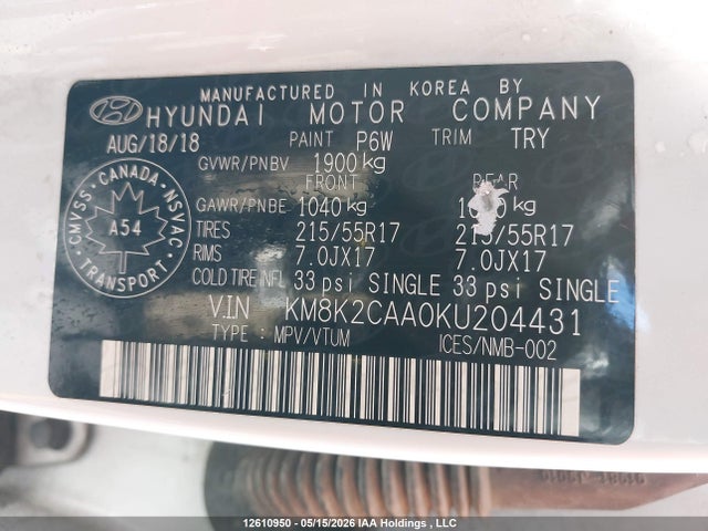 Aukcja sprzedaży 2019 Hyundai Kona 2.0l Preferred, vin: KM8K2CAA0KU204431, numer aukcji: 12610950