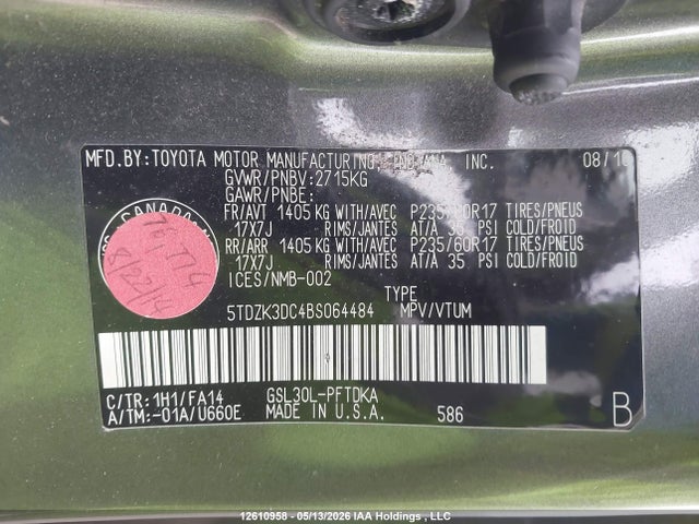 Продаж на аукціоні авто 2011 Toyota Sienna V6 7 Passenger, vin: 5TDZK3DC4BS064484, номер лоту: 12610958