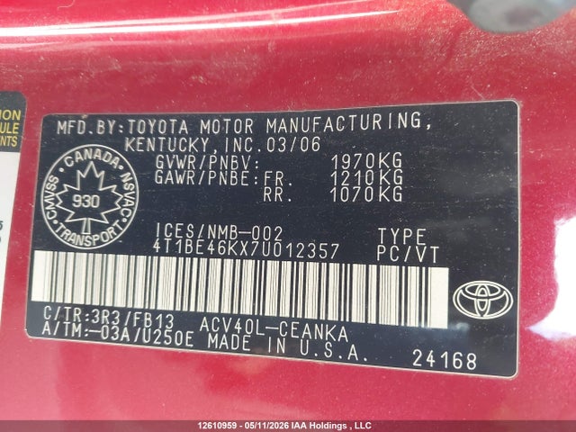 12610959 :رقم المزاد ، 4T1BE46KX7U012357 vin ، 2007 Toyota Camry Ce/le/xle/se مزاد بيع