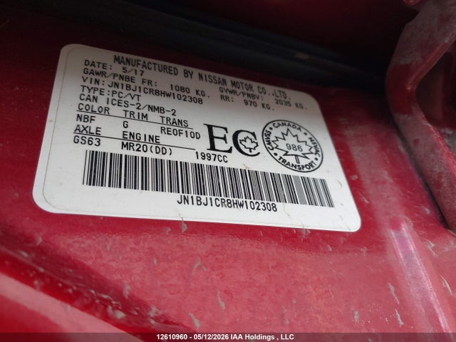 JN1BJ1CR8HW102308 Nissan Qashqai S/sl/sv