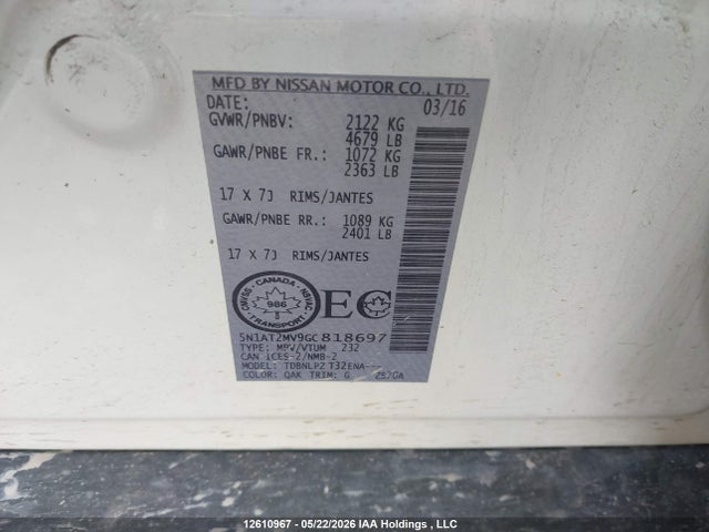 Продаж на аукціоні авто 2016 Nissan Rogue S/sl/sv, vin: 5N1AT2MV9GC818697, номер лоту: 12610967