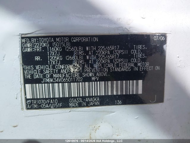 12610976 :رقم المزاد ، JTMBK34V065011702 vin ، 2006 Toyota Rav4 Limited V6 مزاد بيع