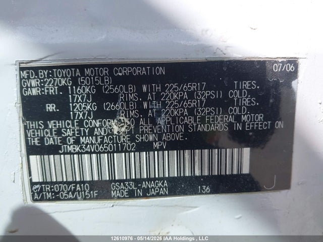 12610976 :رقم المزاد ، JTMBK34V065011702 vin ، 2006 Toyota Rav4 Limited V6 مزاد بيع
