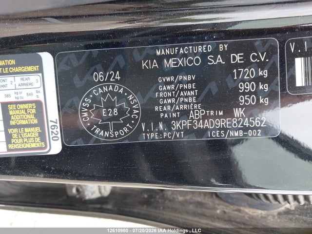 12610980 :رقم المزاد ، 3KPF34AD9RE824562 vin ، 2024 Kia Forte Ex/ex Premium/ex+ مزاد بيع