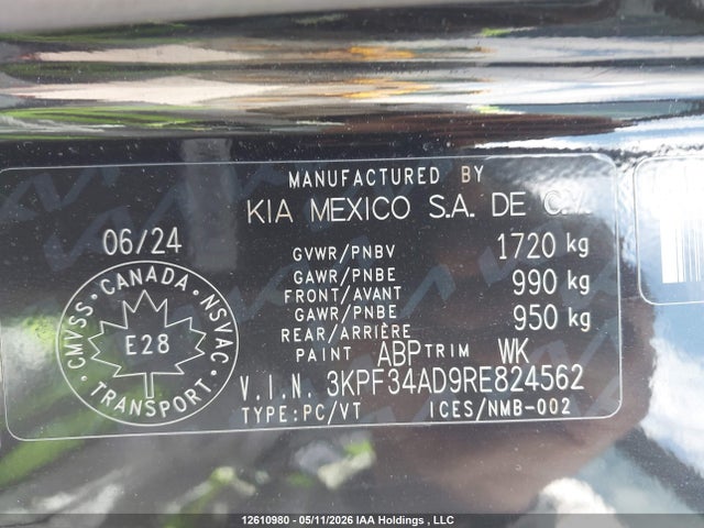 12610980 :رقم المزاد ، 3KPF34AD9RE824562 vin ، 2024 Kia Forte Ex/ex Premium/ex+ مزاد بيع