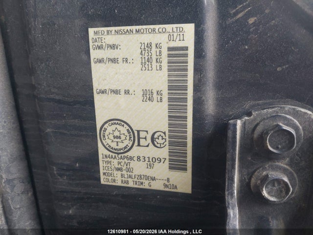 Aukcja sprzedaży 2011 Nissan Maxima 3.5 S, vin: 1N4AA5AP6BC831097, numer aukcji: 12610981