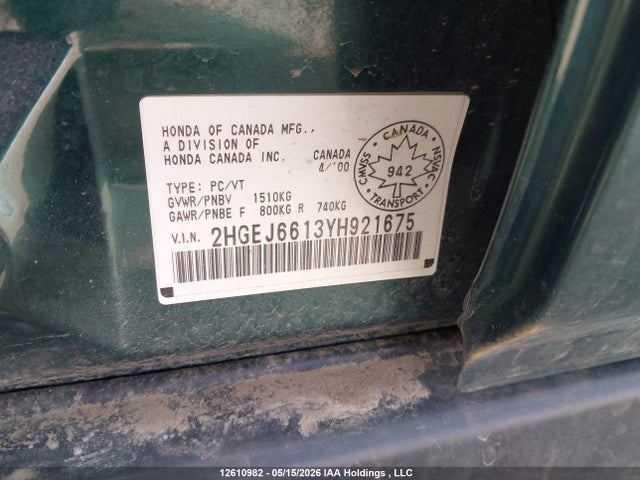 Продажа на аукционе авто 2000 Honda Civic Se, vin: 2HGEJ6613YH921675, номер лота: 12610982