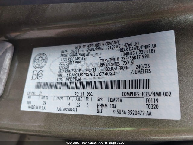 2013 Ford Escape მანქანა იყიდება აუქციონზე, vin: 1FMCU9GX5DUC74023, აუქციონის ნომერი: 12610992