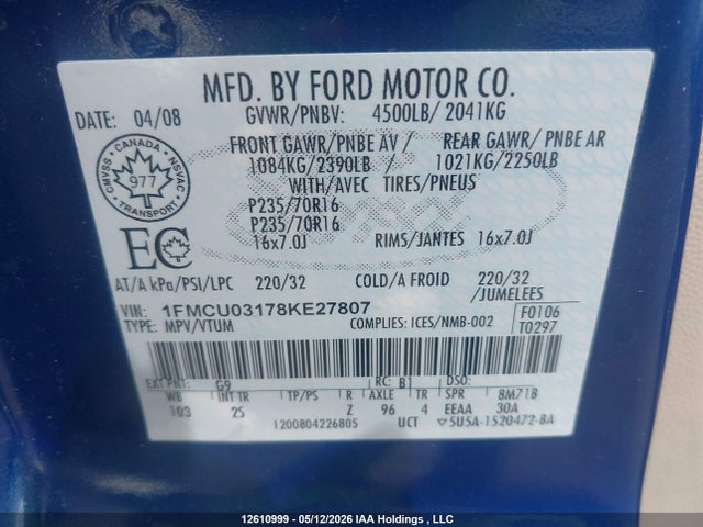 Продаж на аукціоні авто 2008 Ford Escape Xlt, vin: 1FMCU03178KE27807, номер лоту: 12610999