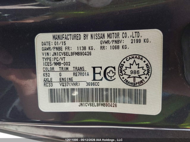 12611000 :رقم المزاد ، JN1CV6EL9FM890426 vin ، 2015 Infiniti Q60 Limited Edition/sport مزاد بيع