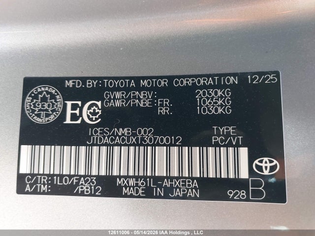 2026 Toyota Prius Se/xse/xse Premium/night Shade მანქანა იყიდება აუქციონზე, vin: JTDACACUXT3070012, აუქციონის ნომერი: 12611006