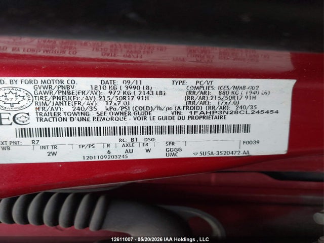 12611007 :رقم المزاد ، 1FAHP3N28CL245454 vin ، 2012 Ford Focus Titanium مزاد بيع