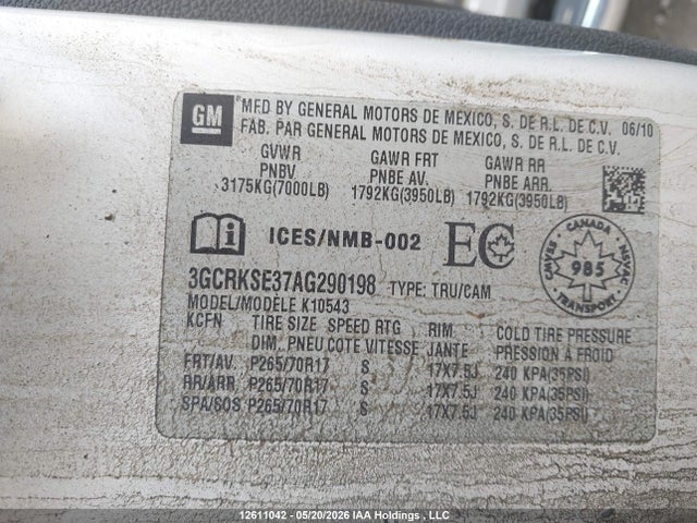Aukcja sprzedaży 2010 Chevrolet Silverado 1500 Lt, vin: 3GCRKSE37AG290198, numer aukcji: 12611042