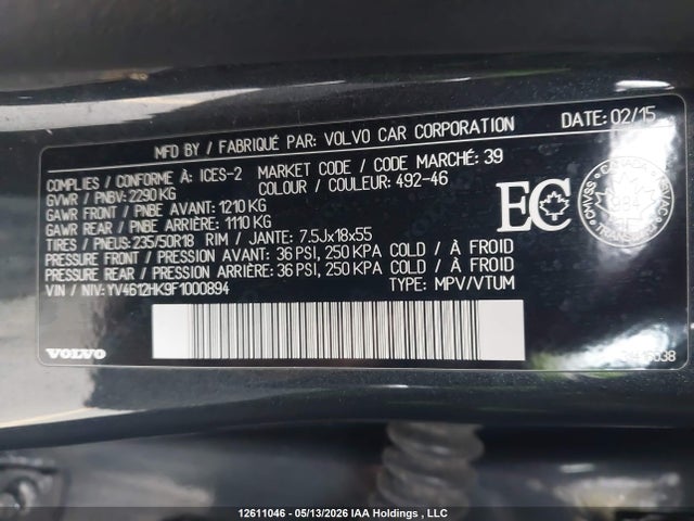2015 Volvo V60 Cross Country Premier მანქანა იყიდება აუქციონზე, vin: YV4612HK9F1000894, აუქციონის ნომერი: 12611046