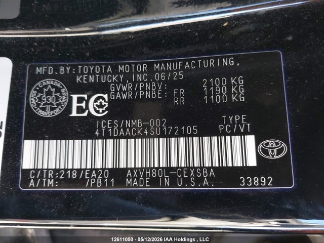 12611050 :رقم المزاد ، 4T1DAACK4SU172105 vin ، 2025 Toyota Camry Xse/xle/le/se مزاد بيع
