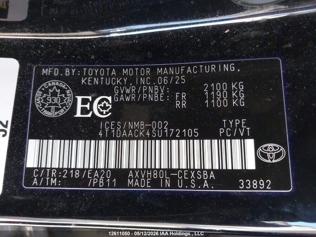 12611050 :رقم المزاد ، 4T1DAACK4SU172105 vin ، 2025 Toyota Camry Xse/xle/le/se مزاد بيع