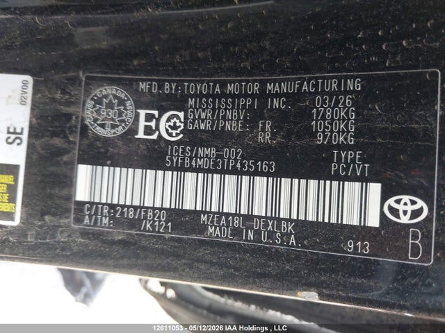 12611053 :رقم المزاد ، 5YFB4MDE3TP435163 vin ، 2026 Toyota Corolla Le مزاد بيع