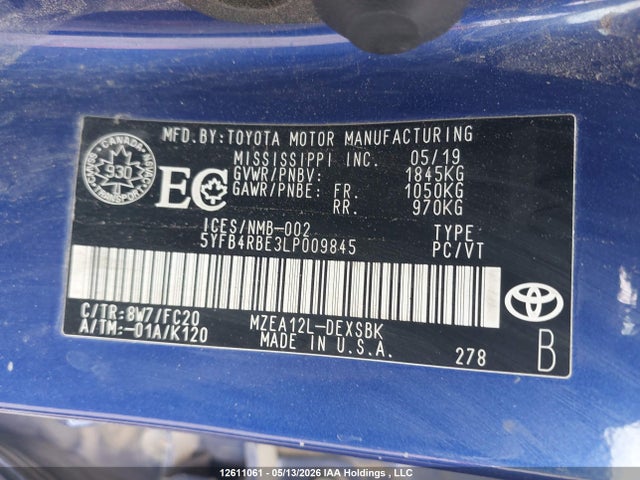 12611061 :رقم المزاد ، 5YFB4RBE3LP009845 vin ، 2020 Toyota Corolla Se/xse مزاد بيع