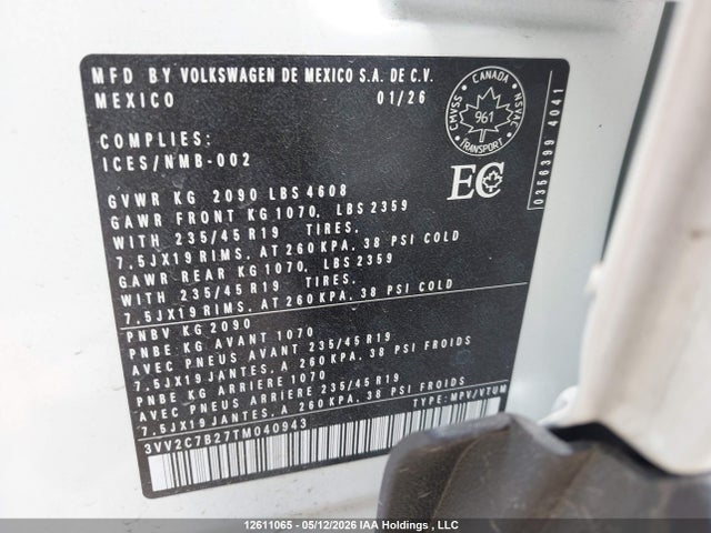 12611065 :رقم المزاد ، 3VV2C7B27TM040943 vin ، 2026 Volkswagen Taos Se Black مزاد بيع
