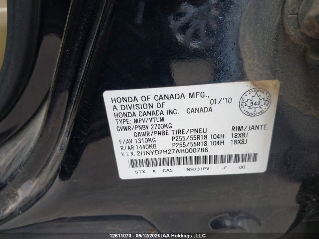12611070 :رقم المزاد ، 2HNYD2H27AH000786 vin ، 2010 Acura Mdx مزاد بيع