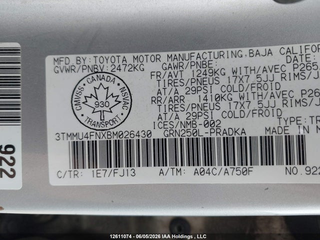 Продаж на аукціоні авто 2011 Toyota Tacoma, vin: 3TMMU4FNXBM026430, номер лоту: 12611074