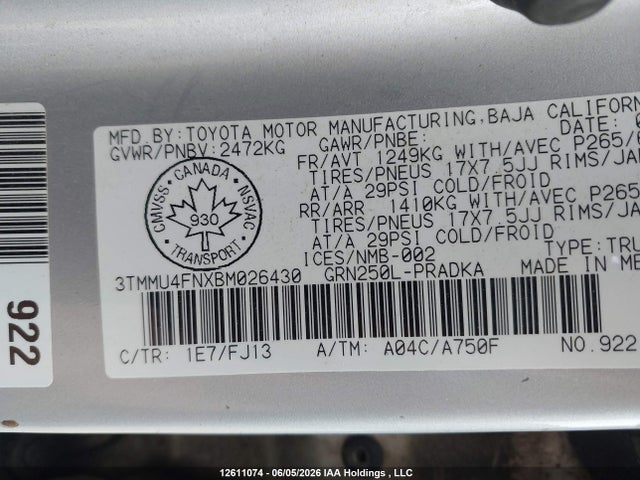 Продаж на аукціоні авто 2011 Toyota Tacoma, vin: 3TMMU4FNXBM026430, номер лоту: 12611074