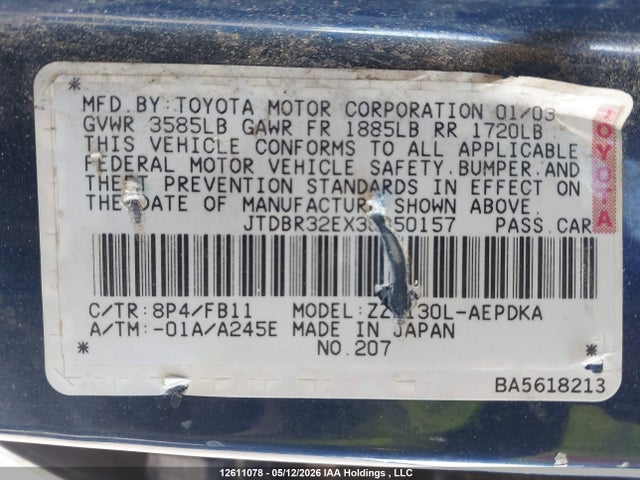 Aukcja sprzedaży 2003 Toyota Corolla Ce, vin: JTDBR32EX30050157, numer aukcji: 12611078
