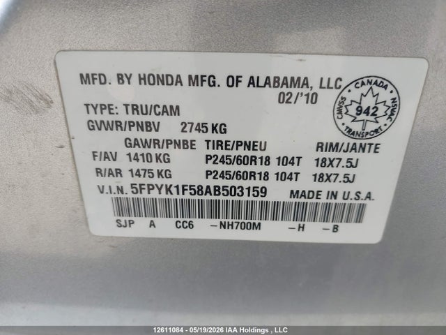 Продаж на аукціоні авто 2010 Honda Ridgeline Rtl, vin: 5FPYK1F58AB503159, номер лоту: 12611084