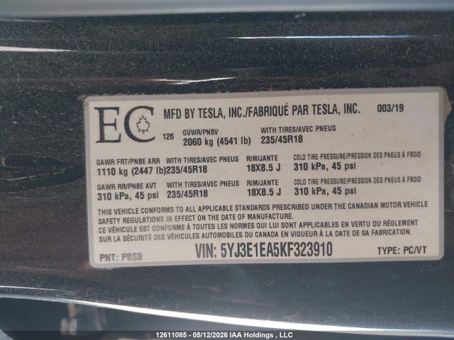 Продаж на аукціоні авто 2019 Tesla Model 3, vin: 5YJ3E1EA5KF323910, номер лоту: 12611085