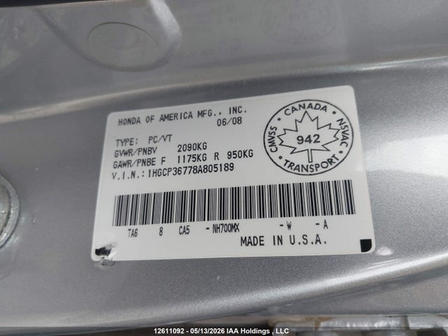 Aukcja sprzedaży 2008 Honda Accord Ex V6, vin: 1HGCP36778A805189, numer aukcji: 12611092