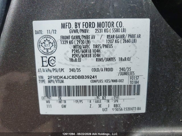 2013 Ford Edge Sel მანქანა იყიდება აუქციონზე, vin: 2FMDK4JC8DBB39241, აუქციონის ნომერი: 12611094