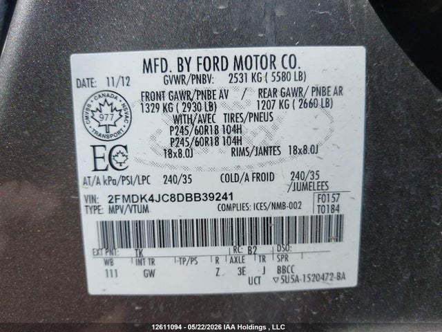 2013 Ford Edge Sel მანქანა იყიდება აუქციონზე, vin: 2FMDK4JC8DBB39241, აუქციონის ნომერი: 12611094