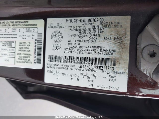 Продаж на аукціоні авто 2019 Ford Fusion Titanium, vin: 3FA6P0RU8KR211743, номер лоту: 12611099