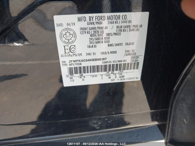 Продаж на аукціоні авто 2019 Ford Edge Se, vin: 2FMPK4G94KBB98387, номер лоту: 12611107