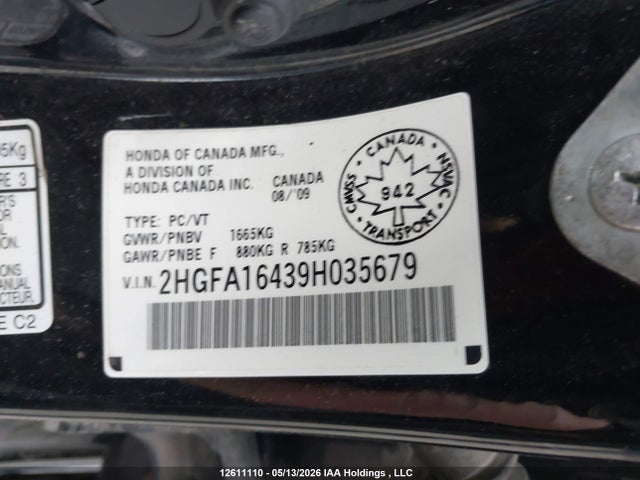Aukcja sprzedaży 2009 Honda Civic Dx-g, vin: 2HGFA16439H035679, numer aukcji: 12611110