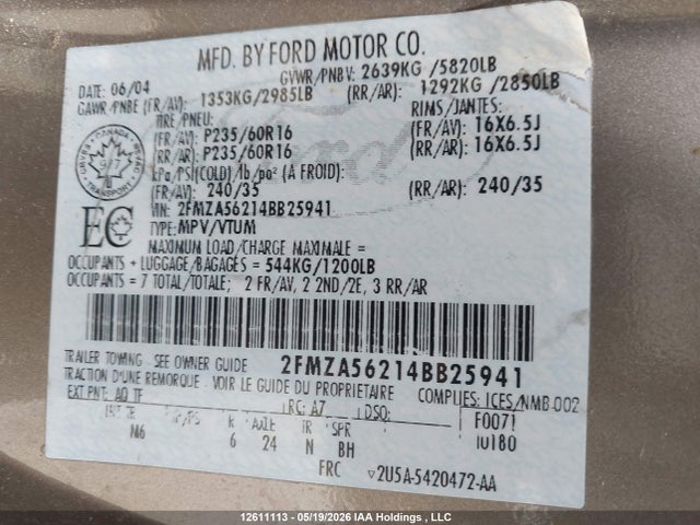 Продаж на аукціоні авто 2004 Ford Freestar Sel, vin: 2FMZA56214BB25941, номер лоту: 12611113