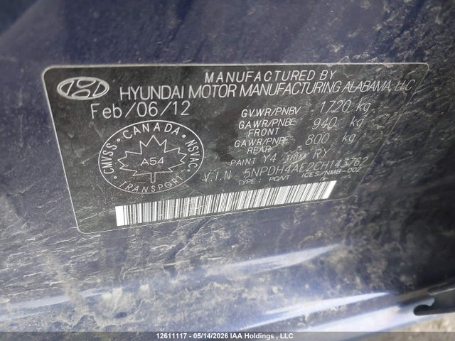 2012 Hyundai Elantra Gls/limited მანქანა იყიდება აუქციონზე, vin: 5NPDH4AE2CH143762, აუქციონის ნომერი: 12611117