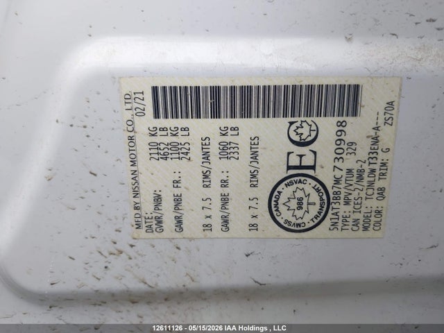 12611126 :رقم المزاد ، 5N1AT3BB7MC730998 vin ، 2021 Nissan Rogue Sv مزاد بيع