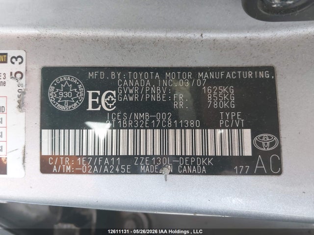Продаж на аукціоні авто 2007 Toyota Corolla, vin: 2T1BR32E17C811380, номер лоту: 12611131