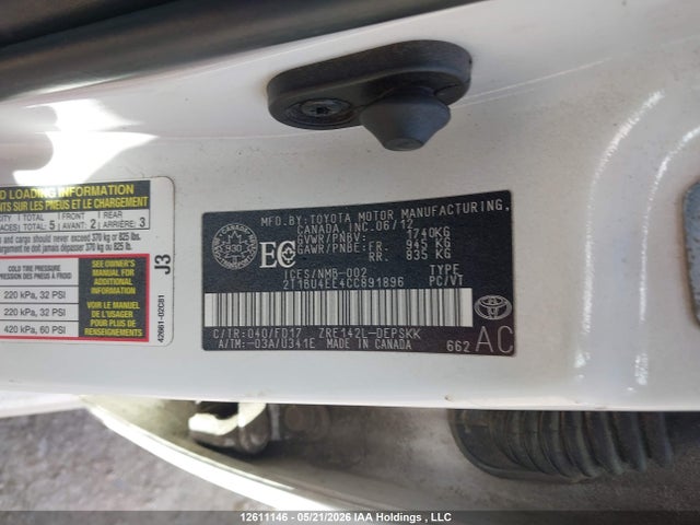 12611146 :رقم المزاد ، 2T1BU4EE4CC891896 vin ، 2012 Toyota Corolla S/le مزاد بيع