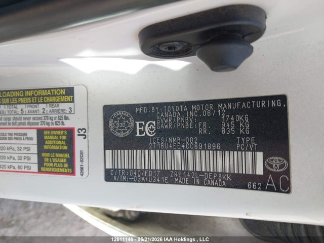 12611146 :رقم المزاد ، 2T1BU4EE4CC891896 vin ، 2012 Toyota Corolla S/le مزاد بيع