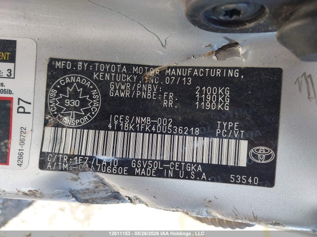 Aukcja sprzedaży 2013 Toyota Camry Xle V6, vin: 4T1BK1FK4DU536218, numer aukcji: 12611153