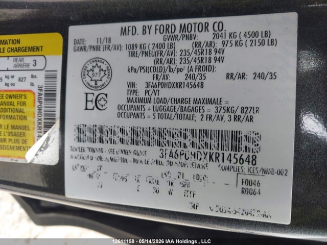Aukcja sprzedaży 2019 Ford Fusion, vin: 3FA6P0HDXKR145648, numer aukcji: 12611158