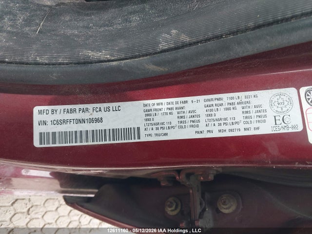 Auction sale of the 2022 Ram 1500 Big Horn/lone Star, vin: 1C6SRFFT0NN106968, lot number: 12611160