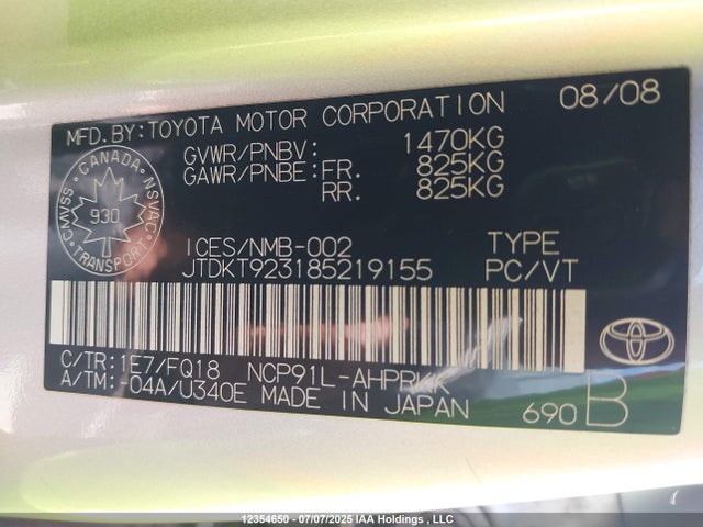 12354650 :رقم المزاد ، JTDKT923185219155 vin ، 2008 Toyota Yaris مزاد بيع