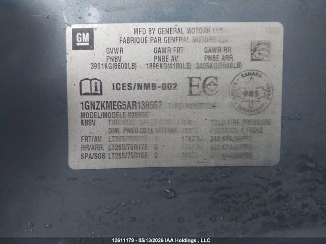 12611179 :رقم المزاد ، 1GNZKMEG5AR138667 vin ، 2010 Chevrolet Suburban 2500 Lt مزاد بيع
